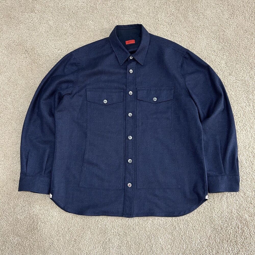 Isaia Napoli Men’s 100% Wool Button Overshirt Navy Blue Size XL